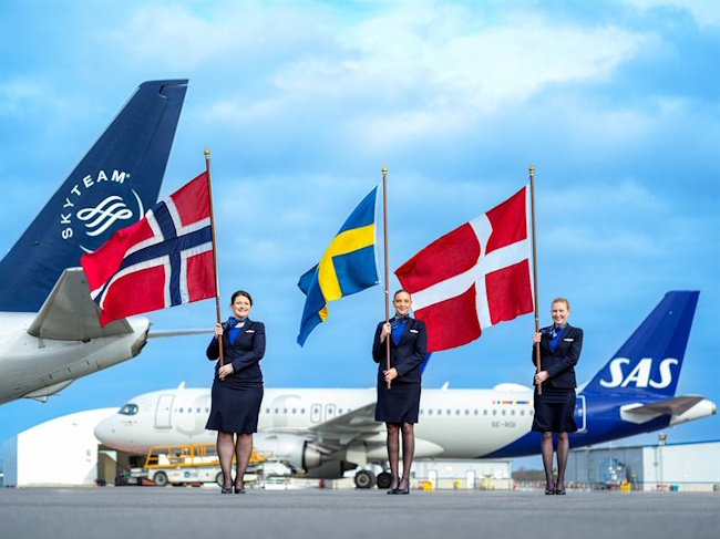 Skandinavische Flaggen vor Flugzeug