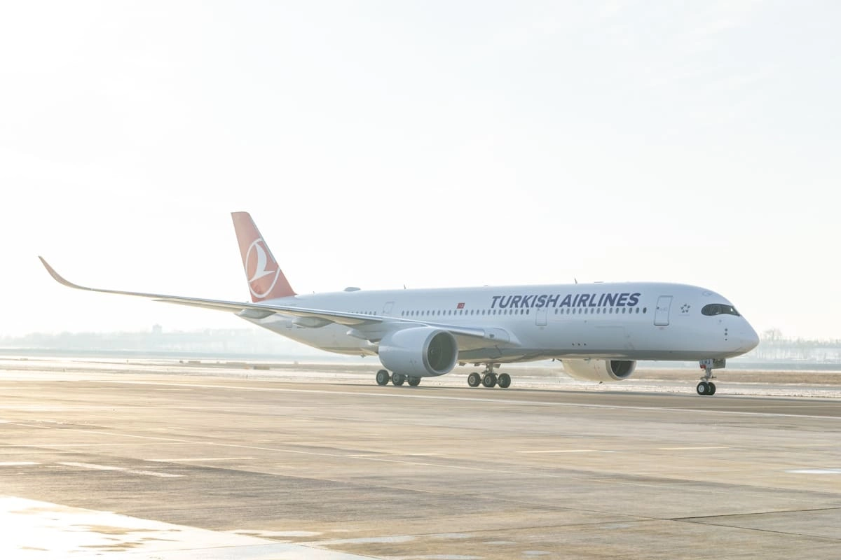 Flugzeug von Turkish Airlines auf der Startbahn des Flughafen Wien