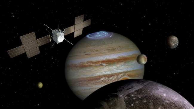 ESA-Ju­pi­ter­mis­si­on JUI­CE - Credit: ESA/ATG medialab (Sonde); NASA/JPL/DLR (Jupiter, Monde)