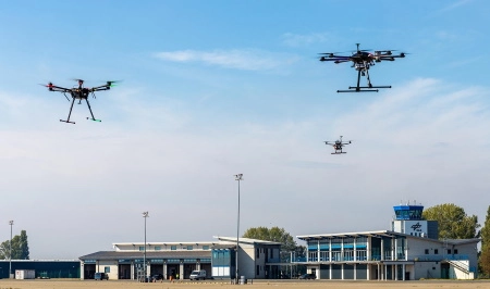 Droh­nen vor den Flug­ha­fen­ge­bäu­den - Credit: DLR (CC-BY 3.0)