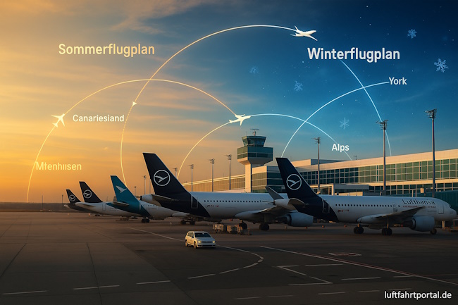 Lufthansa-Flugzeuge am Flughafen mit grafisch eingeblendeten Sommer- und Winterflugrouten